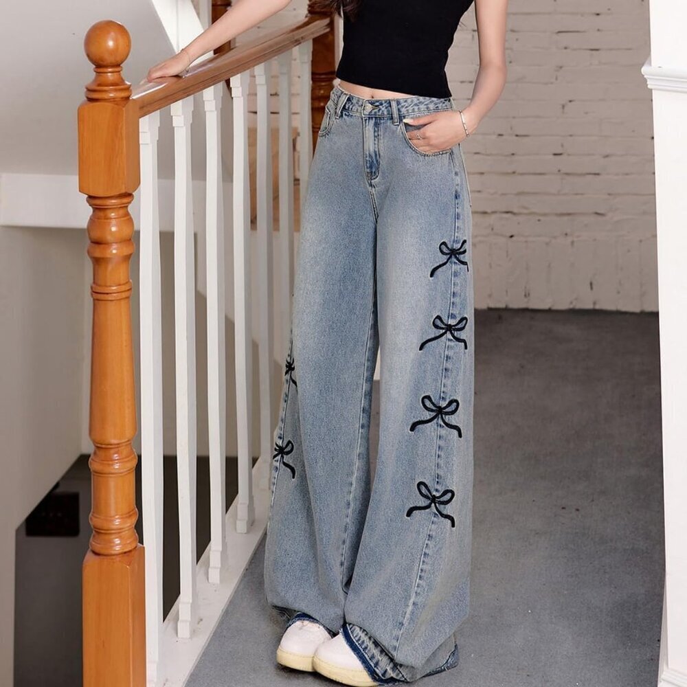 Women's Vintage Denim Jeans High Waist Baggy Straight Casual Y2K - Picture 8 of 9
